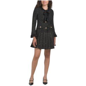 DALIA MACPHEE Long Sleeve Tweed Tie Neck Mini Dress